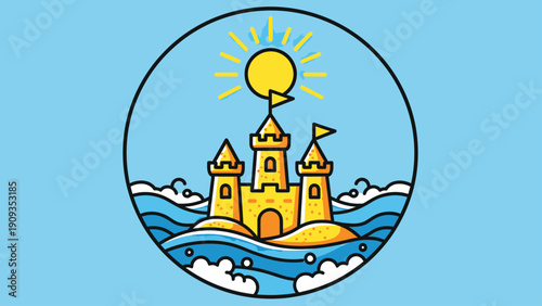 A cartoon sandcastle with flags, sun and sea within a circular frame on a blue background
