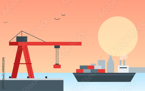 Bild auf Leinwand Industrial Port with Red Cargo Crane and Ships at Peach Sunset Flat Minimalist V