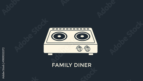 A minimalist illustration of a stovetop with two burners, labeled "FAMILY DINER" on navy background
