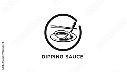 A minimalist black & white illustration features a bowl of dipping sauce, chopsticks, and text