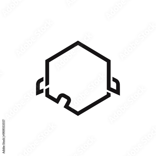 Abstract black geometric logo, hexagon with rounded cutout, with protruding lines