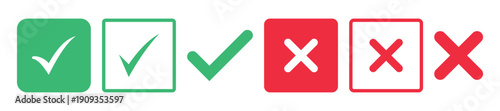 Check mark icon button set, check box icon with right and wrong buttons, yes or no checkmark icons in green tick box and red cross, approved and rejected symbols, choice selection buttons,