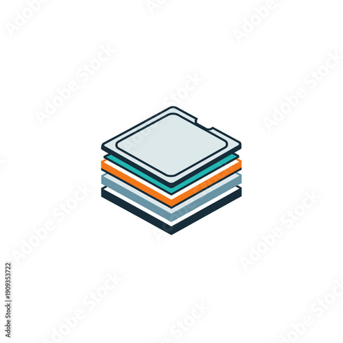 A layered, geometric illustration of a stack of colored squares in shades of blue, teal, orange, and black