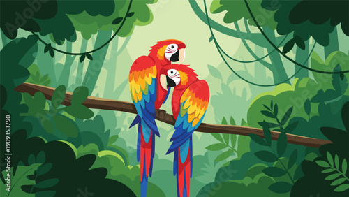 Two vibrant scarlet macaws with colorful feathers perched together on tree branch within dense tropical rainforest jungle canopy environment.