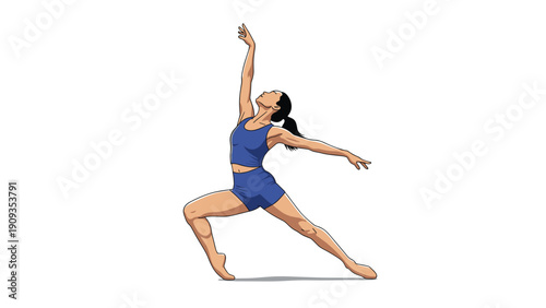 Graceful young woman in blue athletic wear performing elegant modern dance or gymnastics pose against plain white background showing flexibility.