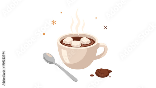 Steaming cup of hot chocolate topped with fluffy white marshmallows next to silver spoon and spilled cocoa powder on plain white surface.