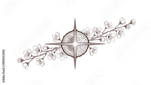 A floral emblem design with a wood slice center and a four-pointed star, with flower branches