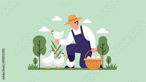 Male farmer wearing straw hat and overalls gathers fresh organic eggs into wicker basket while tending to white chickens in green field.