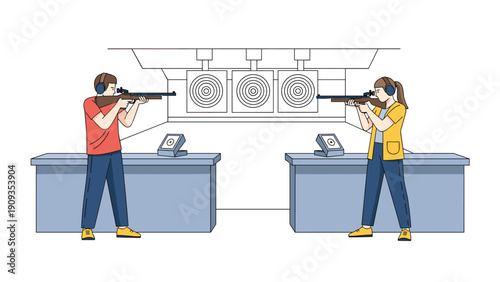 Man and woman wearing ear protection practice their aim with rifles at target boards in indoor shooting range for competitive sport training.
