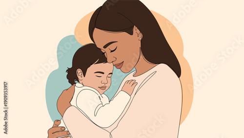 Loving mother tenderly holding her sleeping baby in close embrace showing deep connection and affection with warm artistic background illustration.