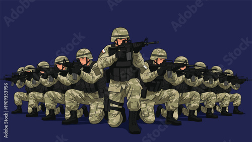 Group of disciplined soldiers in full camouflage gear kneeling with rifles in tactical formation against solid dark blue background for military.