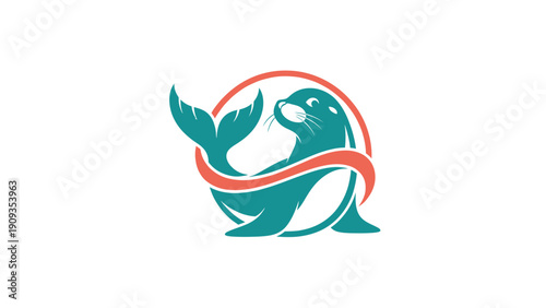 A teal seal within a red ring, looking upwards, in a minimalist, graphic illustration