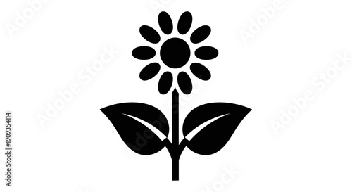 Black Silhouette Flower Icon with Leaves