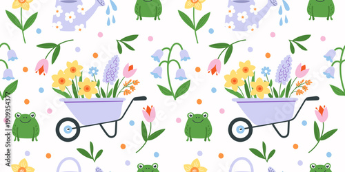 Seamless spring pattern with flowers, wheelbarrow, frog and gardening elements. Cute colorful vector illustration for fabric, wrapping paper, nursery design and seasonal backgrounds.