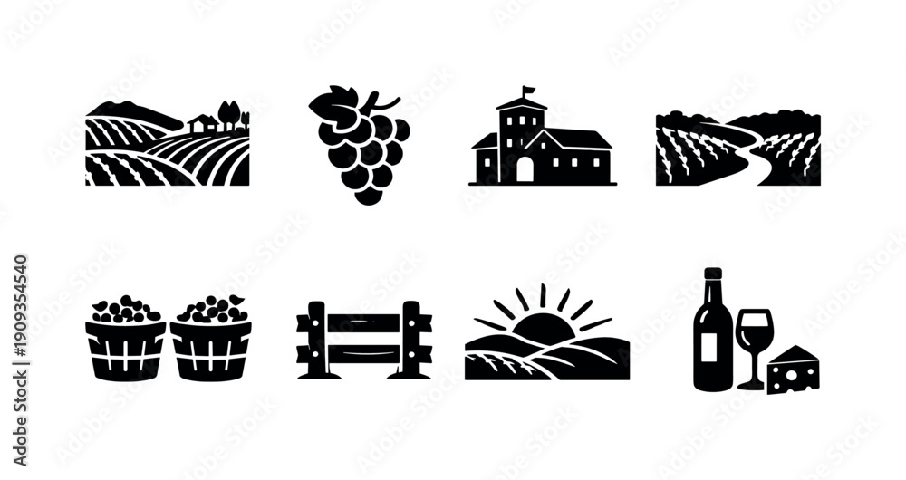 custom made wallpaper toronto digitalEuropean vineyard scenery. Filled icon set of European vineyard scenery: vineyard landscape, grape clusters,