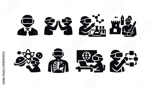 VR classroom experiences. Filled icon set of VR classroom experiences: teacher avatar, student collaboration,