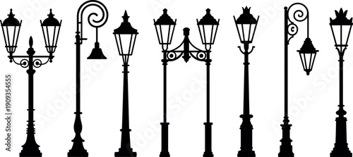 Set of Vintage Street Lamp Silhouettes Classic Decorative Lantern Posts Urban Lighting Vector Collection