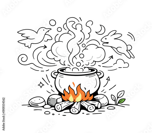 Primitive fire and boiling pot. Open flame dancing beneath a rounded pot, steam clouds forming abstract shapes