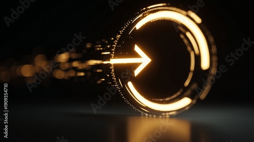 Glowing circular arrow made of light particles moving forward, symbolizing business transformation, rapid growth, innovation, and strategic direction.