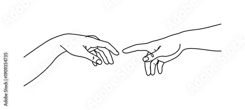Separated Link. Minimalistic one-line drawing of two hands reaching toward each other without touching,