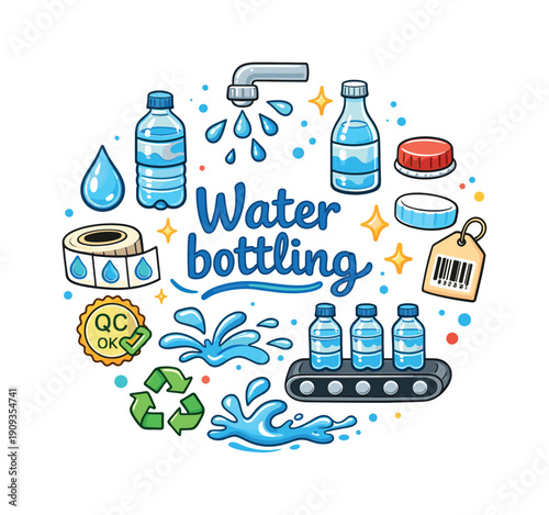 Water bottling. Hand drawn illustration of Water bottling. plastic water bottle, glass bottle, bottle cap,