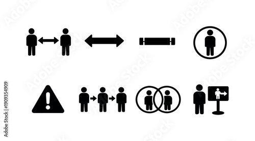 Social distancing cues. Filled icon set of Social distancing cues: two people apart, distance arrows, floor