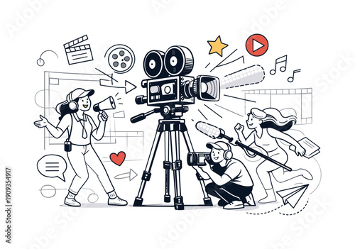 Cinematic gear concept. Vintage film camera standing ready on a tripod, light rays and frame guides suggesting