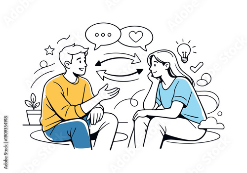 Healthy communication example. People sitting together, one speaking while the other listens attentively,