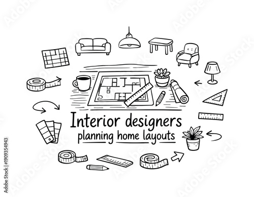 Interior designers planning home layouts. Hand-drawn doodle illustration of Interior designers planning home