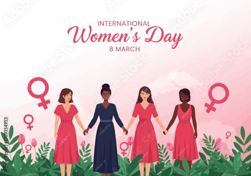 International womens day 8 march illustration with diverse women holding hands
