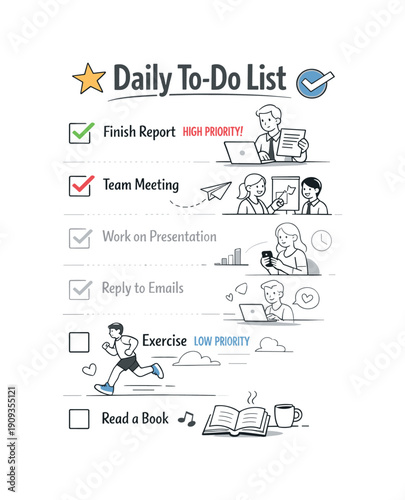 Daily To-Do List. Vertical task list with icons and priorities, completed items gently fading back. Calm