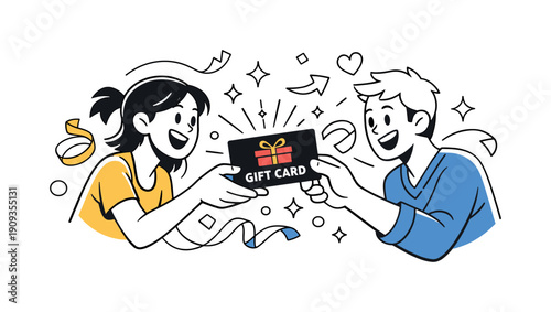 Joyful Gift Exchange. Gift cards. Hands exchanging a sleek gift card, small sparkles and ribbons floating