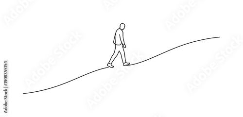 Silent Ascent. Minimalistic one-line drawing of a single figure slowly walking upward along a gentle hill path