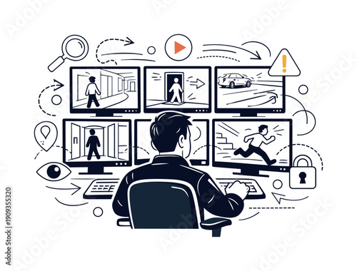 Watching surveillance footage. Person sitting in front of multiple security screens, eyes focused as video