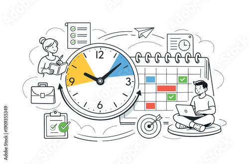 Effortless Time Harmony. Time Management. Clock and calendar syncing together, tasks aligning neatly around