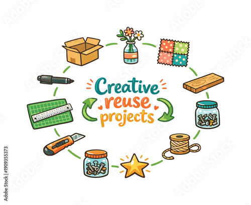 Creative reuse projects. Hand drawn illustration of Creative reuse projects. cardboard box, reused bottle vase