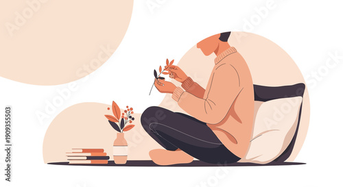 Person arranging botanical plant, minimalist illustration, cozy home decor