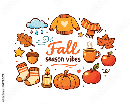 Autumn Doodle Delight. Fall season vibes. Hand drawn illustration of Fall season vibes. falling leaf, sweater,