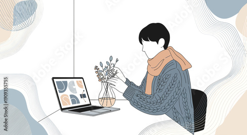 Person arranging flowers by laptop, minimalist illustration, abstract shapes background