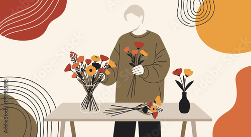 Person Arranging Flowers, Botanical Illustration, Abstract Shapes, Home Decor