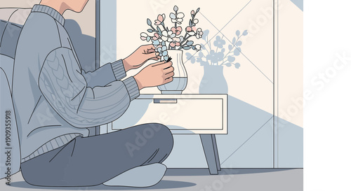 Person arranging flowers in vase, serene indoor scene, soft light and shadows