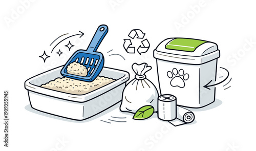 Responsible pet maintenance. Clean litter box setup with scoop, waste bag, and container neatly arranged.