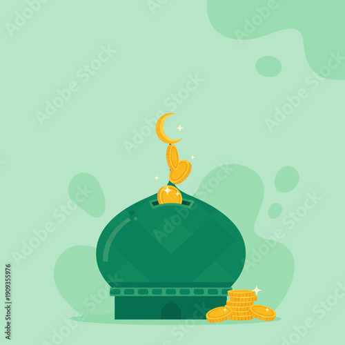 Illustrative depiction of Islamic charity and financial giving, featuring a mosque dome acting as a savings bank, symbolizing wealth accumulation and donation