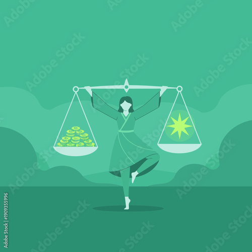 Symbolic illustration of a person balancing prosperity and good fortune on a scale, representing success and well-being