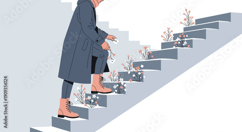 Person climbing stairs with blooming flowers on steps, growth concept