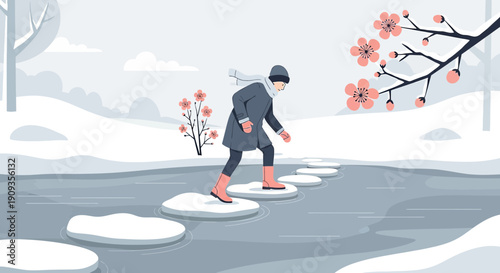 Person crossing icy water on stepping stones with spring blossoms