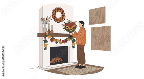 Person decorating fireplace with autumn flowers and wreath, cozy home scene