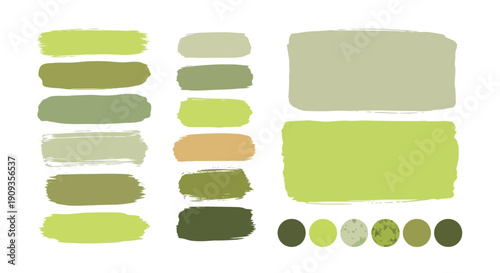 A collection of various green paint swatches and color samples on a white background.