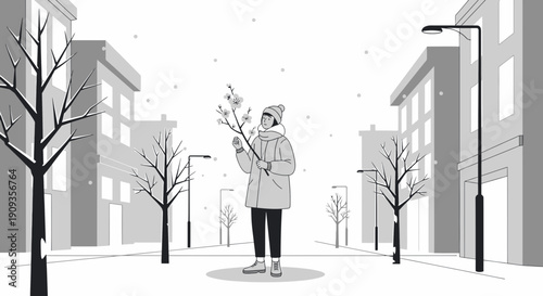 Person Holding Blooming Branch in Snowy City Street with Minimalist Buildings