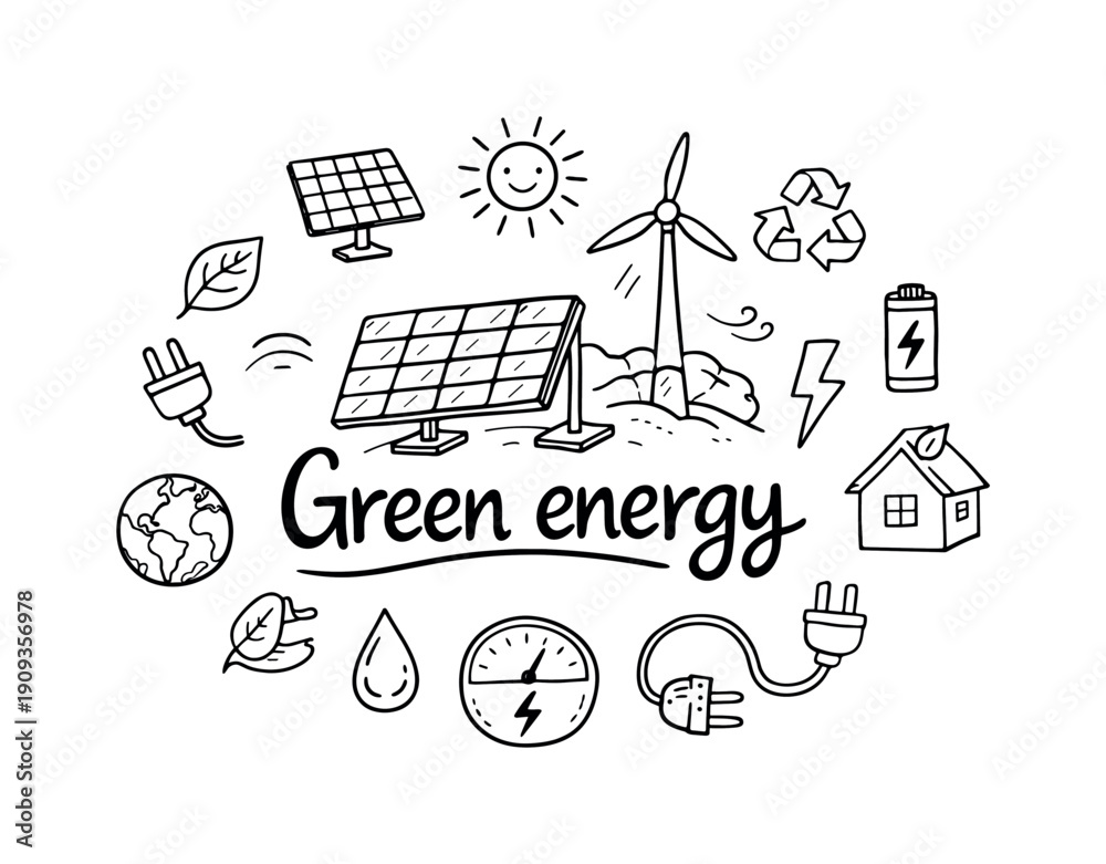 Obraz premium Green Energy Doodles. Green energy. Hand-drawn doodle illustration of Green energy. In the middle, one